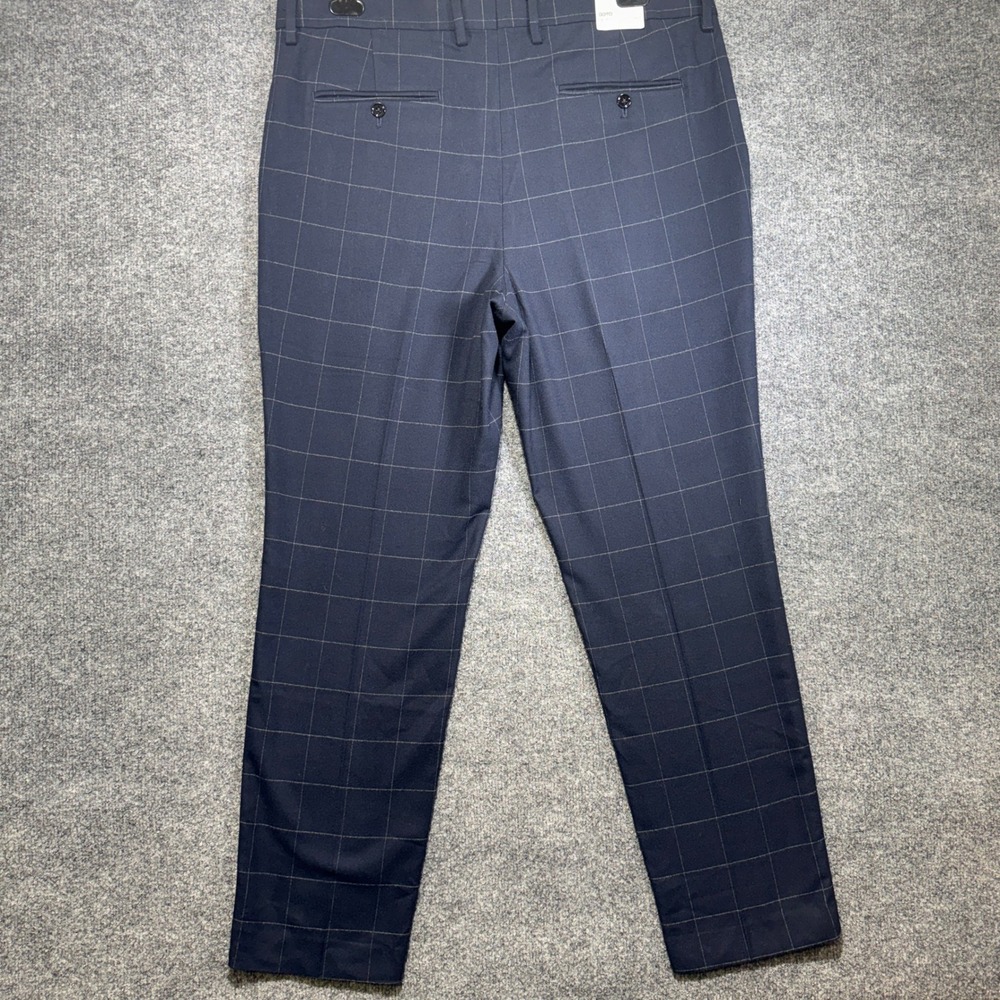 Express Slim Pleated Dress Pants Mens 36x34 Blue Windowpane Plaid Cotton Stretch - Picture 2 of 16